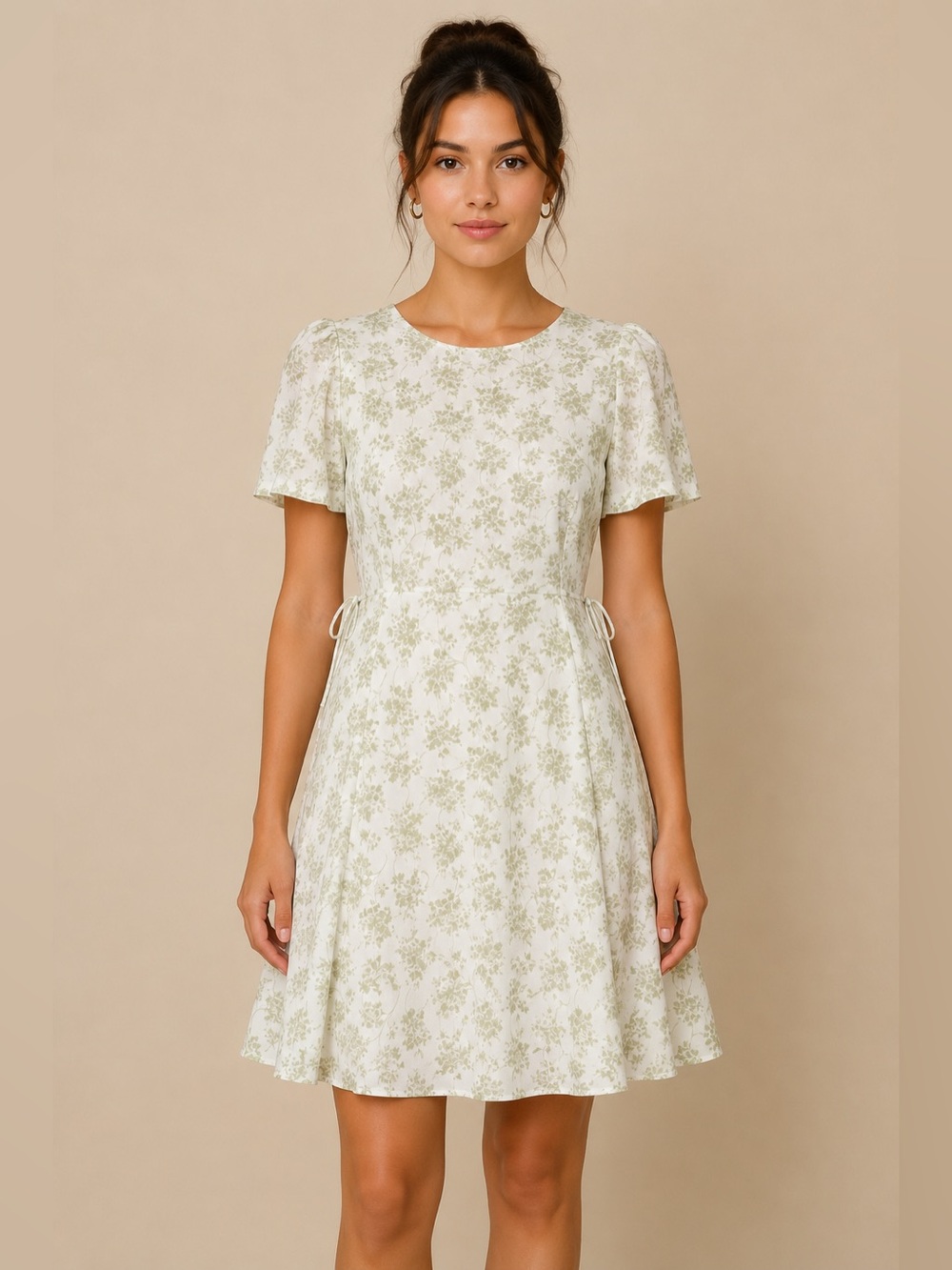 Cream Sage Floral Fit & Flare Dress Cottagecore Coquette